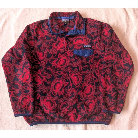 Patagonia Synchilla T Snap Fleece Jacket Red Lotus Flower Pattern Womens Medium - Picture 2 of 8